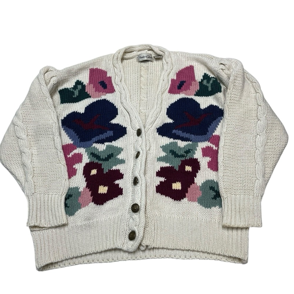 Vintage Hunters Glen Sweater L White Floral‎ Cable Knit Trim Cardigan Chunky